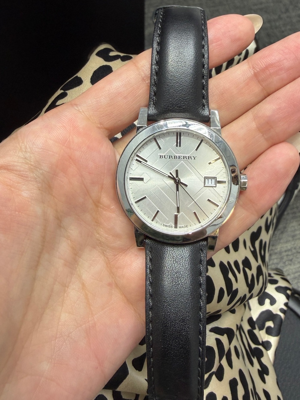 Burberry Silver Dial Black Leather Strap Watch